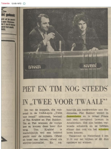 Piet Bakker en Tim Krabbé, uiteindelijke winnaars Twee voor Twaalf in 1972